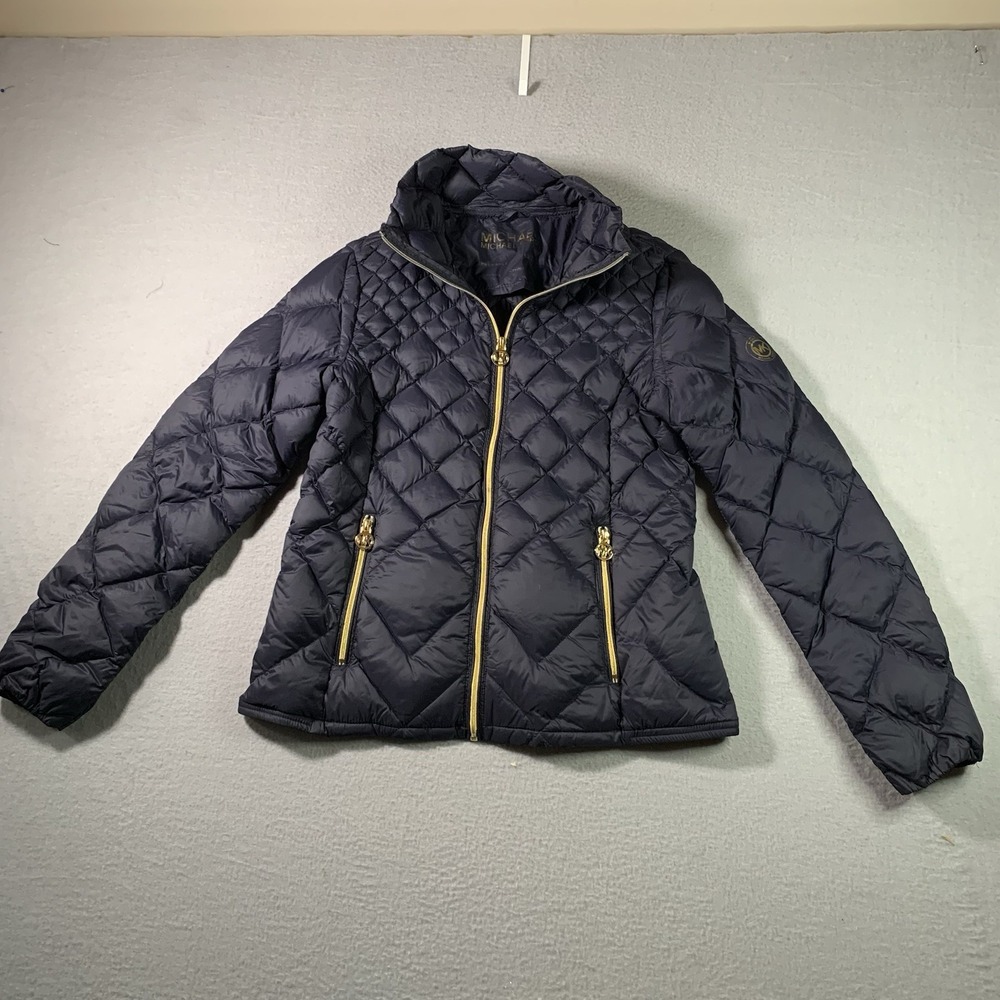 MICHAEL Michael Kors navy lightweight quilted down jacket gold logo zipper M - Picture 1 of 9